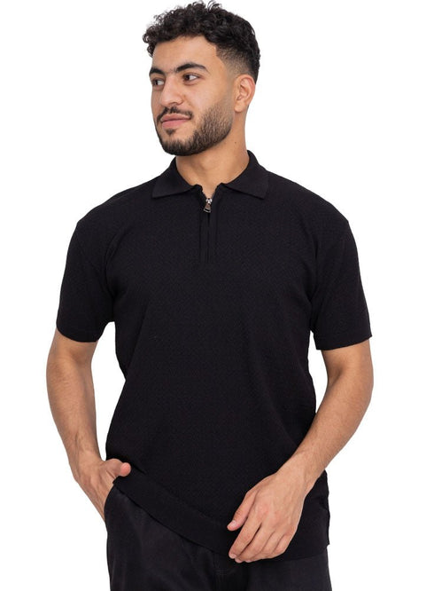 Black Design 01056Knit Polo Neck Zipper - T-Shirt - Khotwh